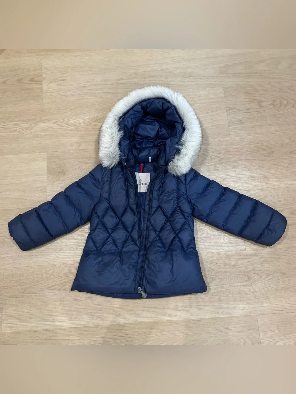 Moncler Navy Quilted Hooded Puffer with Faux Fur Trim